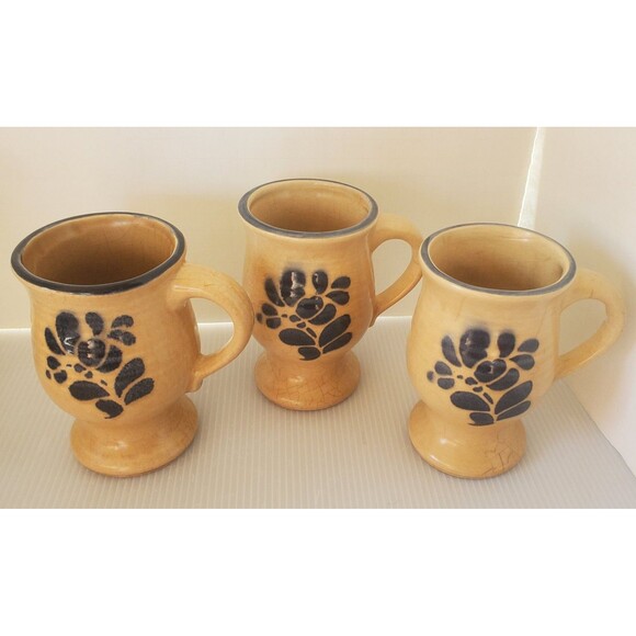 Vintage Pfaltzgraff Folk Art 10 Oz Footed Grandmug Set Of 3 Beige Blue USA - Picture 3 of 16